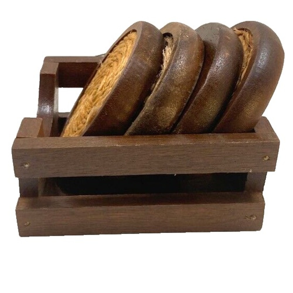 Vintage MCM Wood and Rope Round Coaster‎ with Caddy Set of 4 Boho 70s